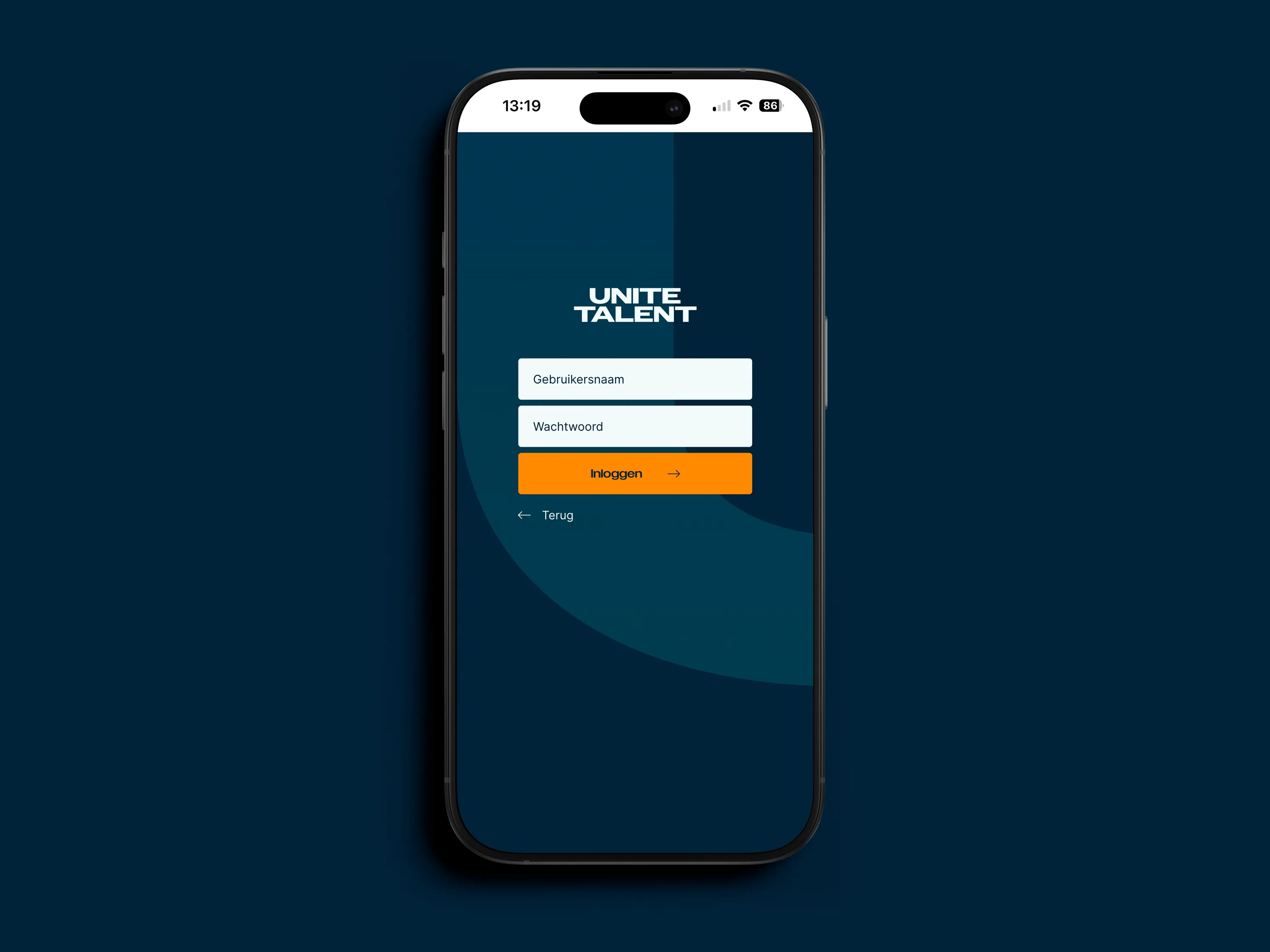 Mobiel scherm met donkerblauwe inloginterface voor UNITE TALENT, invoervelden en oranje inlogknop