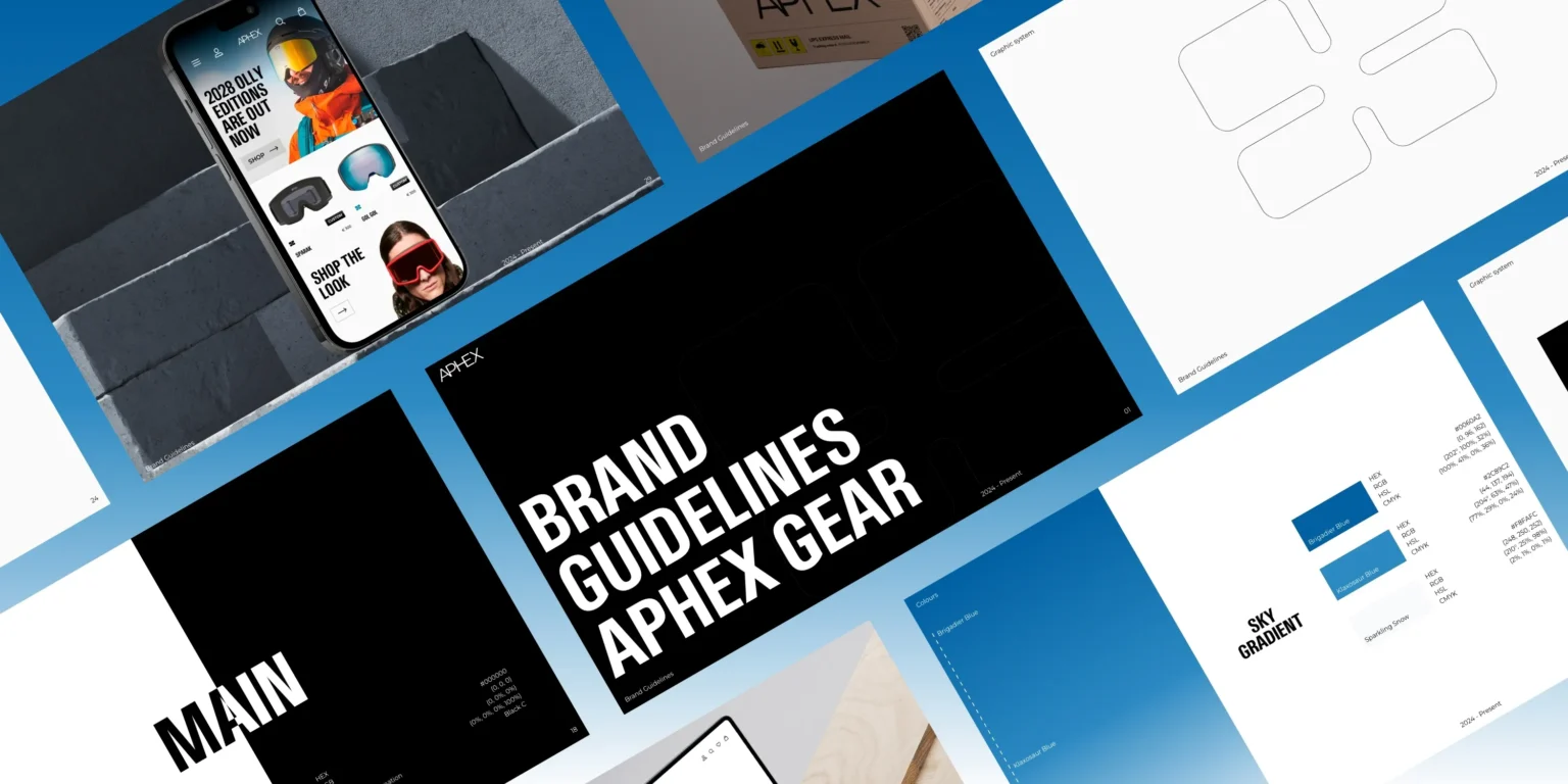 Collage van ontwerpdocumenten met een smartphone die een app toont en merkrichtlijnen voor APEX Gear