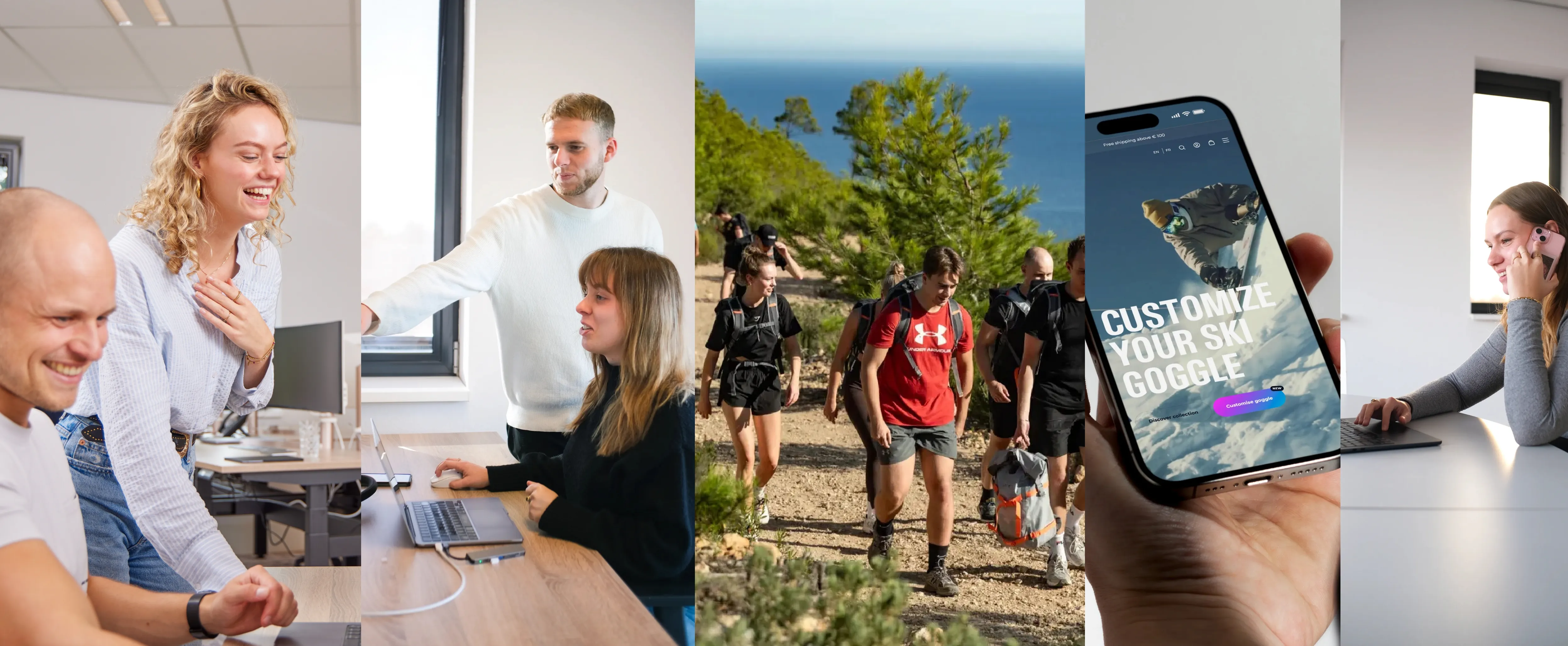 Vijf secties met werkende mensen in kantoor, wandelen in de natuur en telefoon met skibril app.