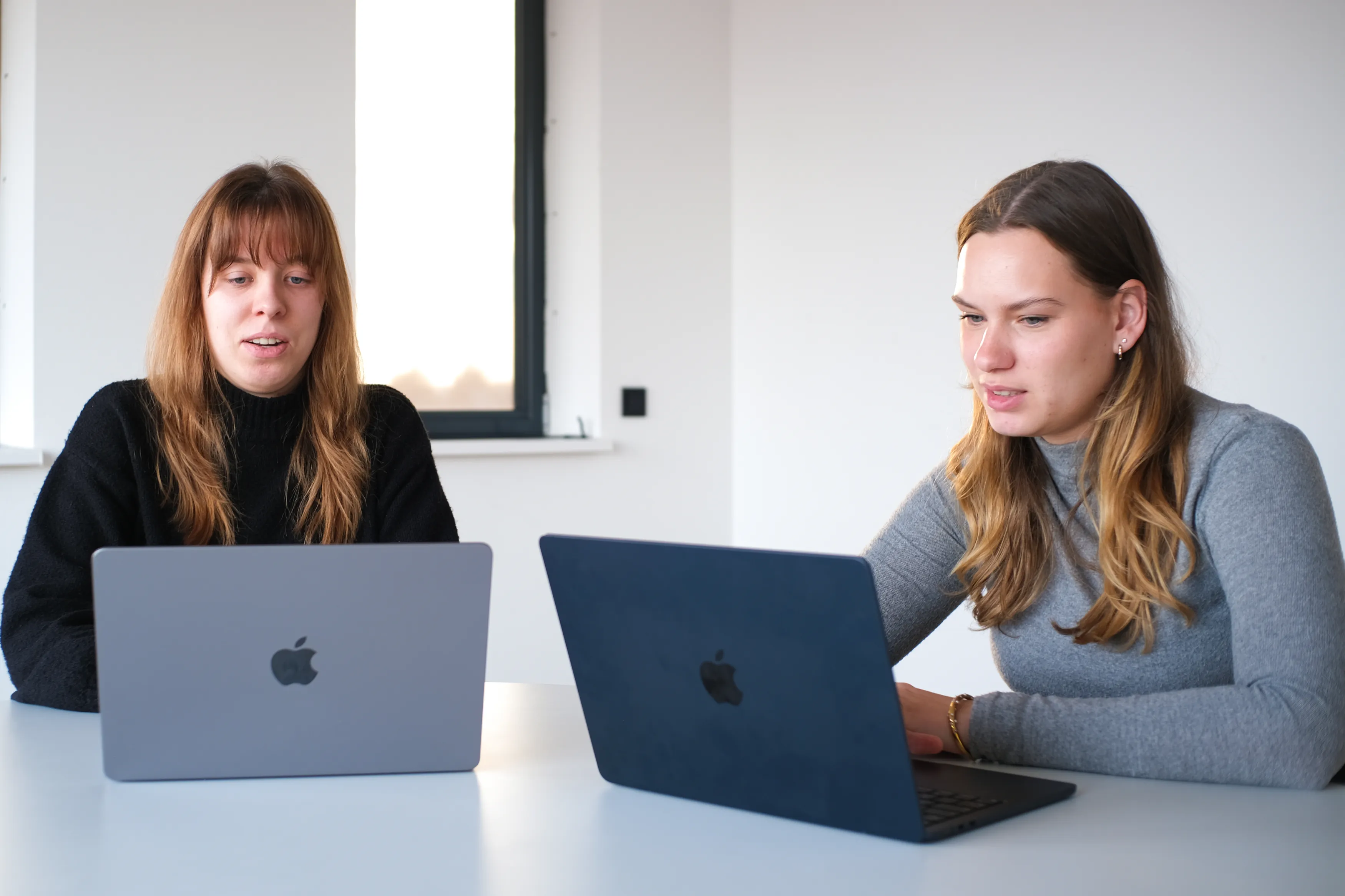 Twee vrouwen met lang bruin haar werken op laptops aan een tafel bij een raam met natuurlijk licht