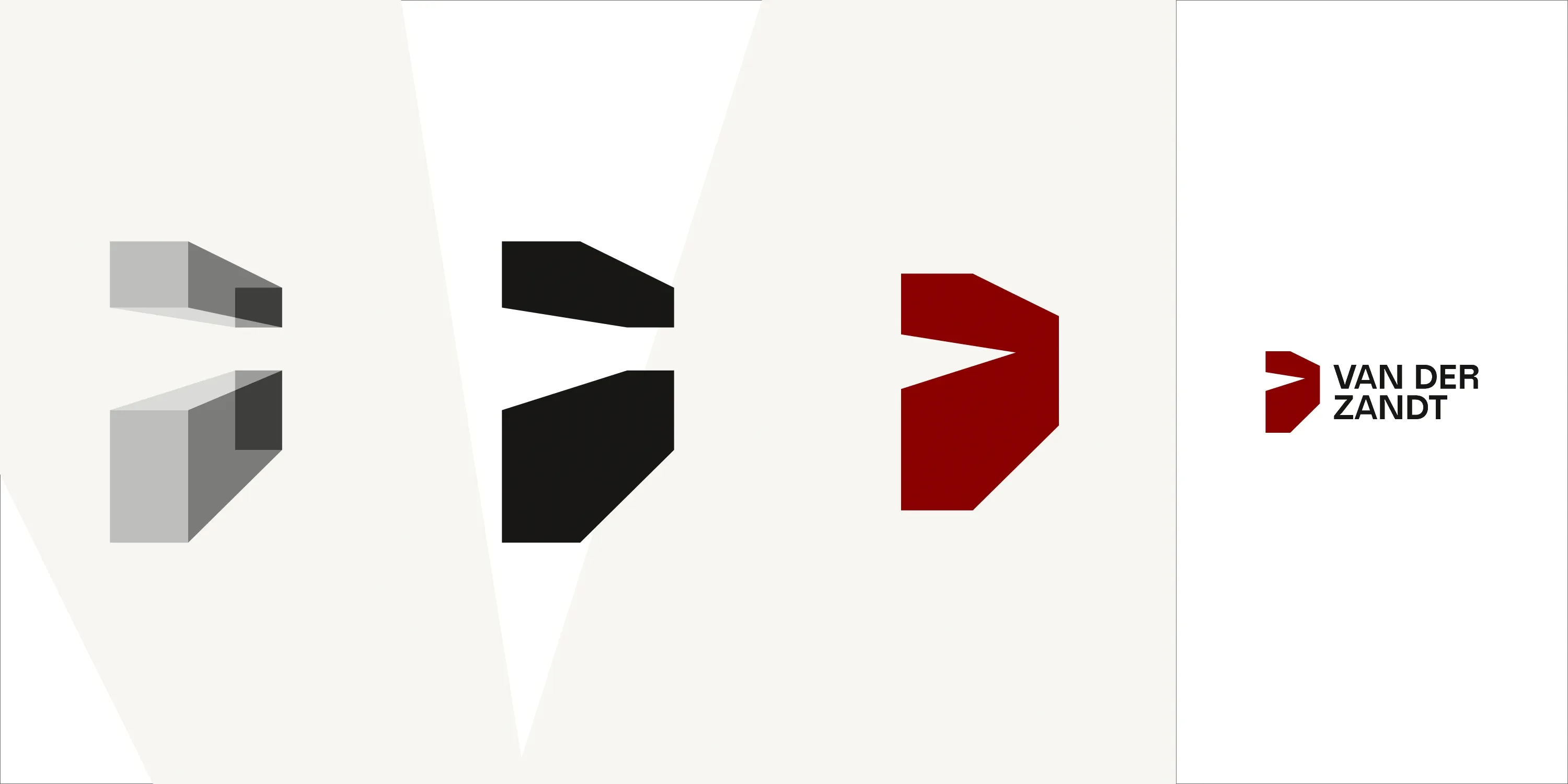 Minimalistisch logo-ontwerp met drie hoekige vormen in grijs, zwart en rood naast tekst 'VAN DER ZANDT'