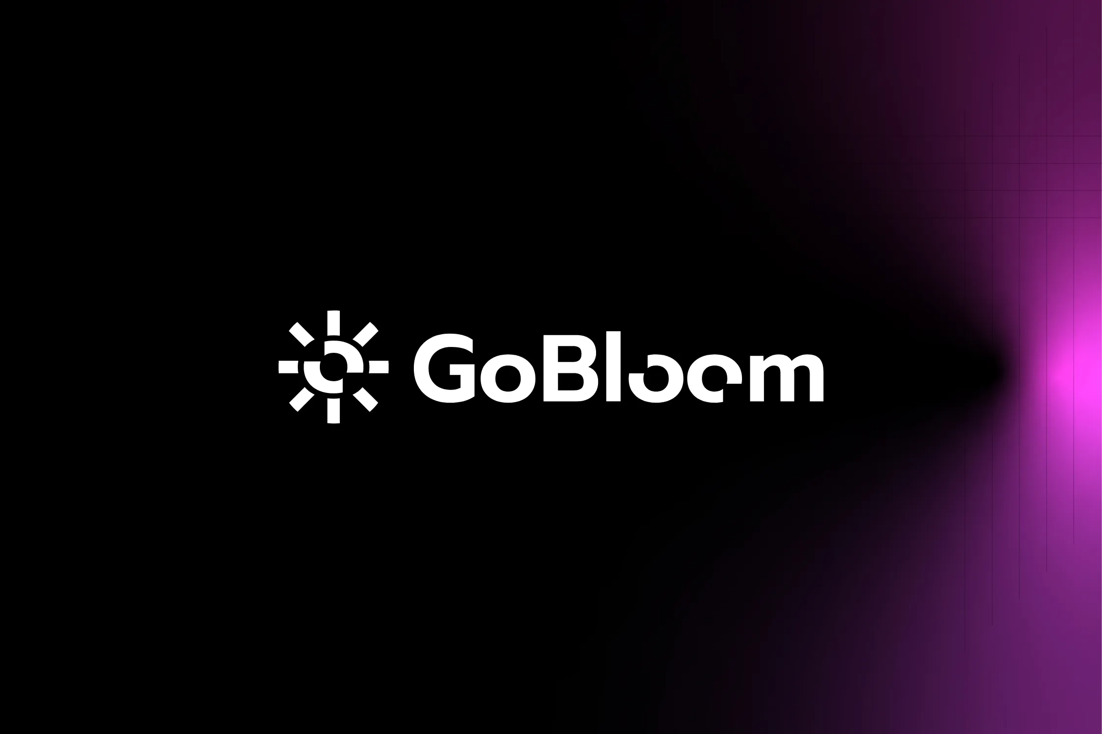 Logo met de tekst GoBloem in modern lettertype en een zonvormig symbool naast een donkere paarse achtergrond