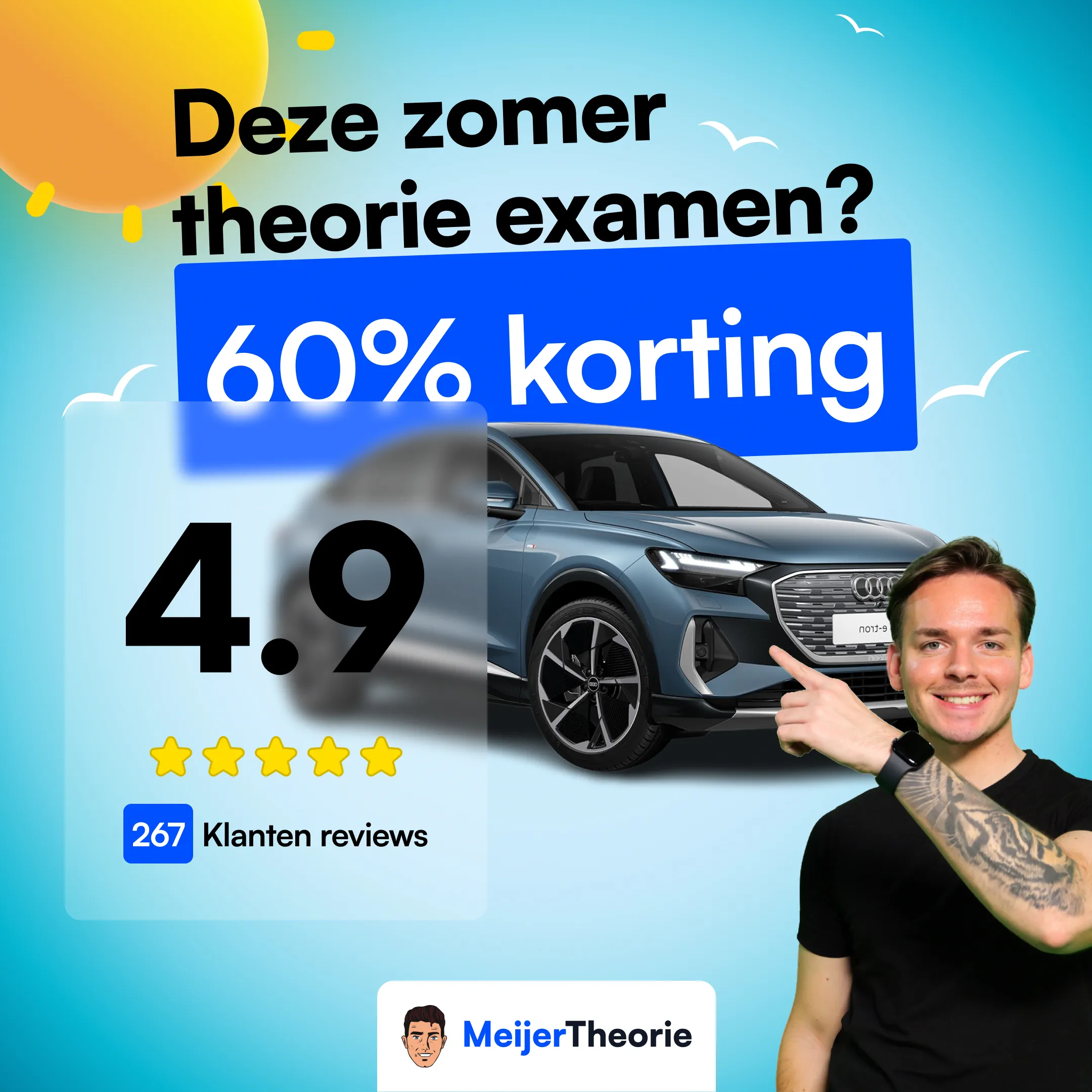Promotieposter theorie-examentraining met tekst over 60% korting en afbeelding van een Audi en persoon