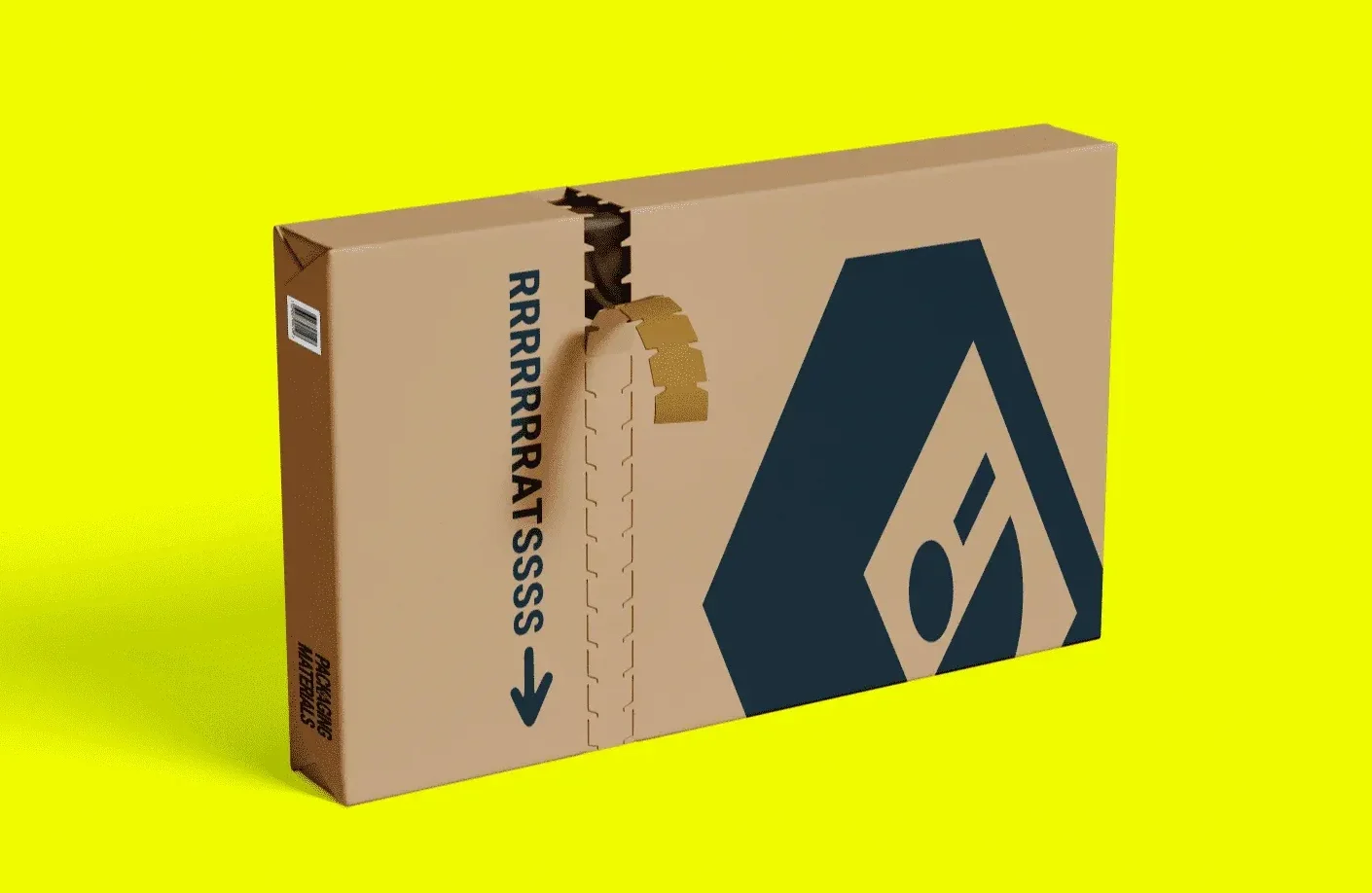 Grote kartonnen doos met een scheur, blauwe abstracte vorm, tekst RRRRRRRATSSSSS en pijl naar beneden op gele achtergrond