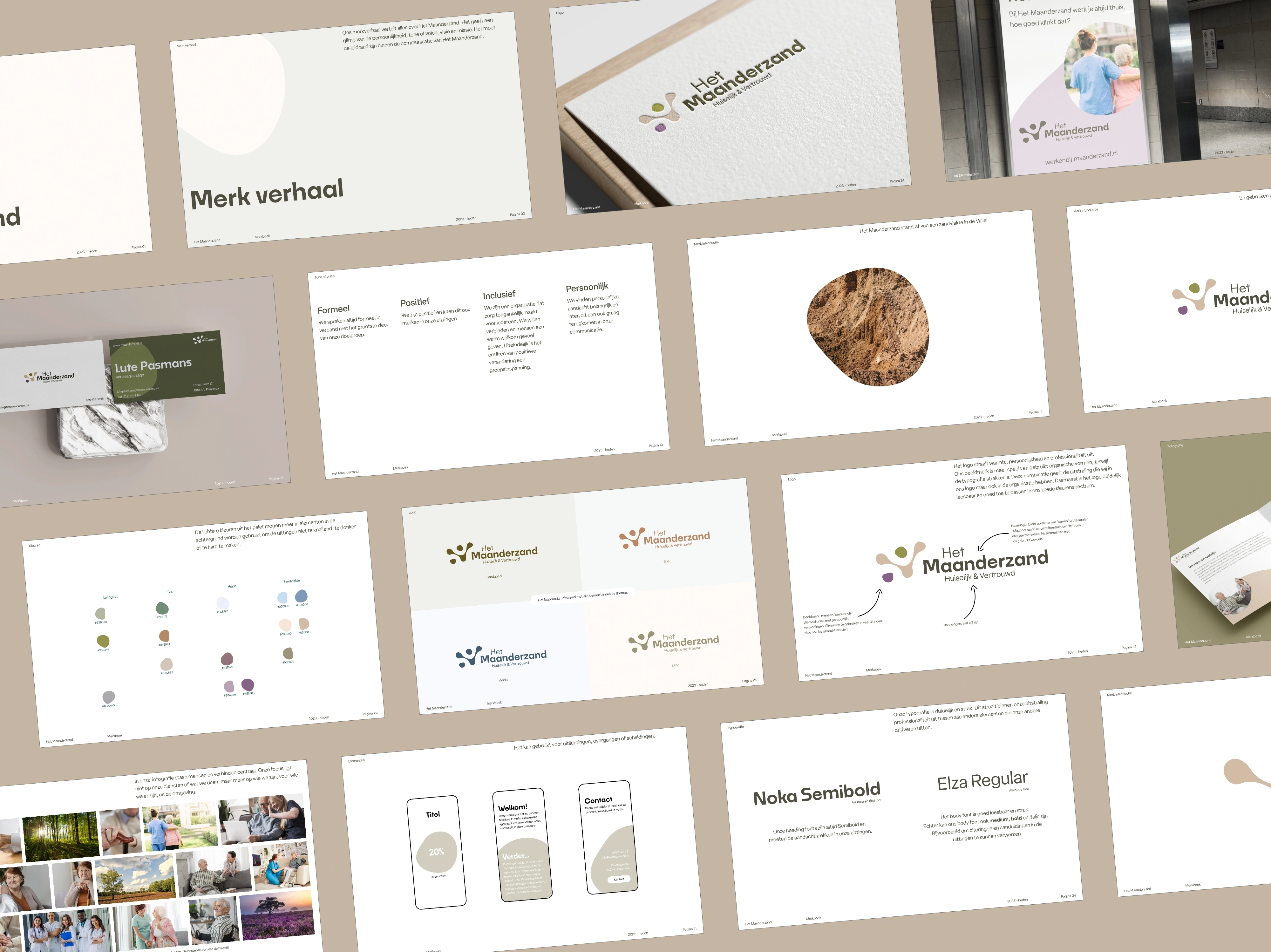 Collage van presentatievellen met logo, merkwaarden, typografie en visueel element van Het Maanderzand