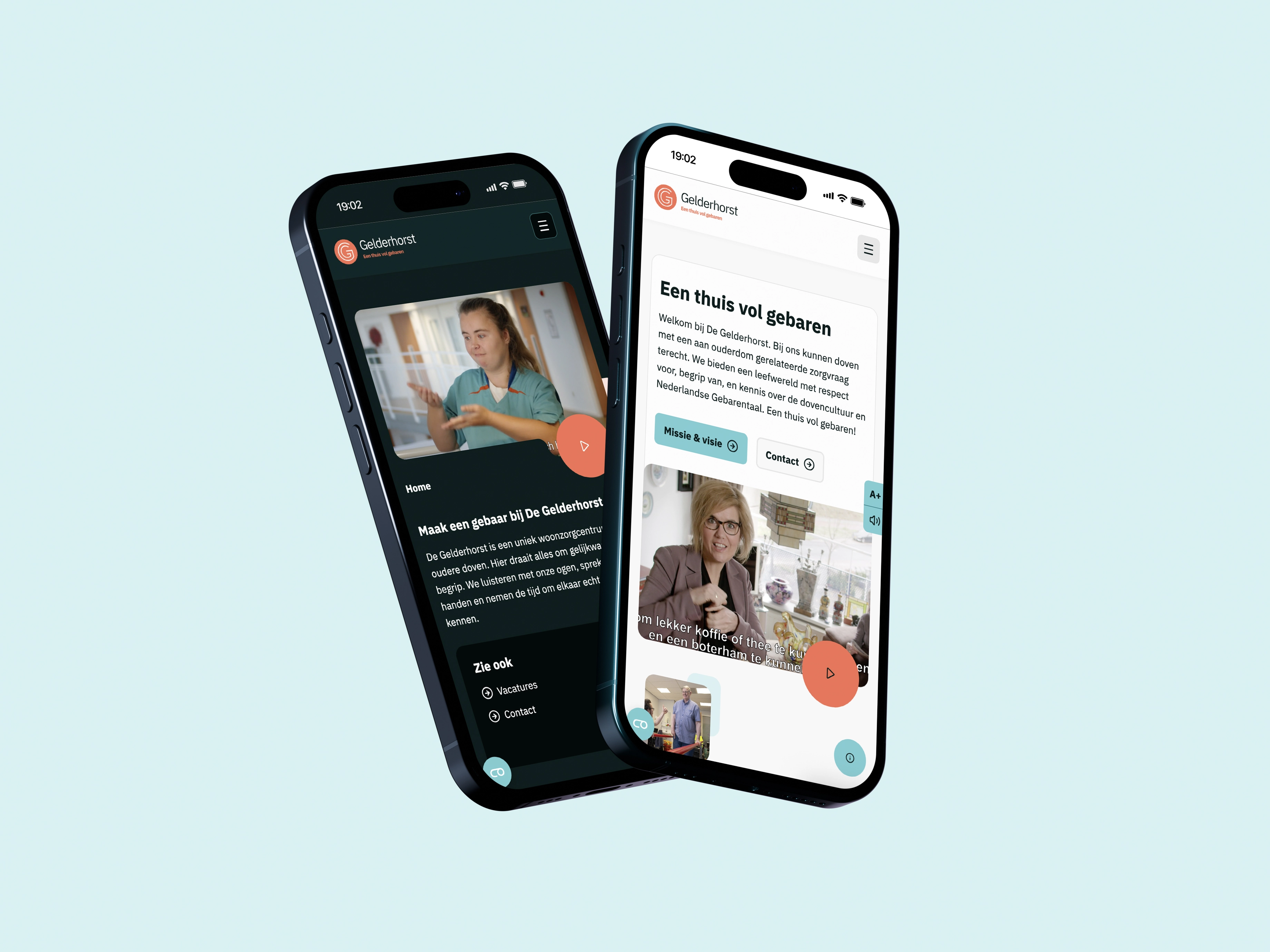 Twee smartphones met De Gelderhorst website; jonge vrouw in zorguniform en vrouw met bril en levendige achtergrond